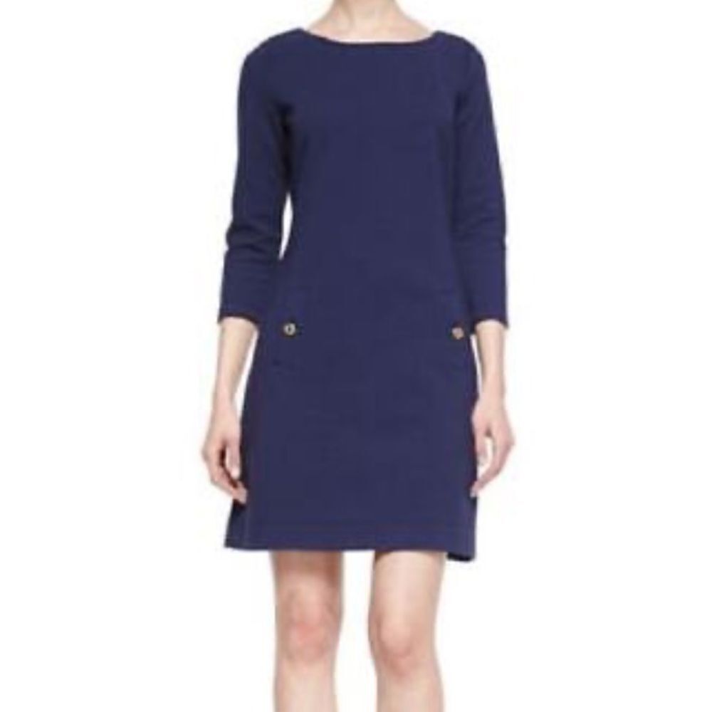 Lilly Pulitzer Charlene Blue Sheath Dress 3/4 Sleeve Scoop Neck in Size Small